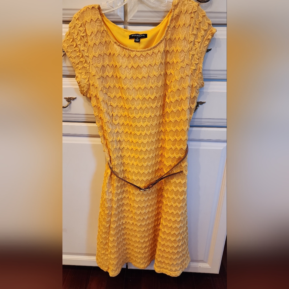 Yellow Textured Dress with Brown Belt